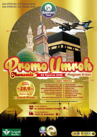 Paket Umrah Promo, Awal Musim 1447H,  Ahz-Btt,  9 Hari, Keberangkatan 02 Agustus 2025